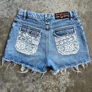 No Excuses Vintage Denim Cutoff Shorts Women's 11/12 High Rise Lace Patch Frayed